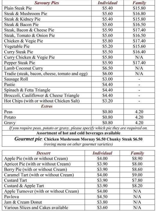 Yatala Pies Menu, Menu for Yatala Pies, Beenleigh, Brisbane