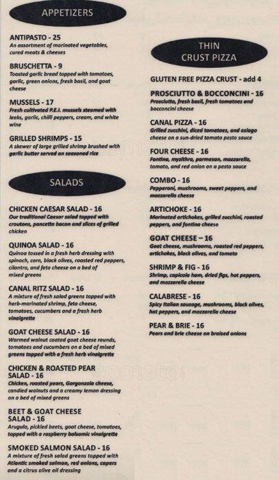 Menu at Canal Ritz restaurant, Ottawa