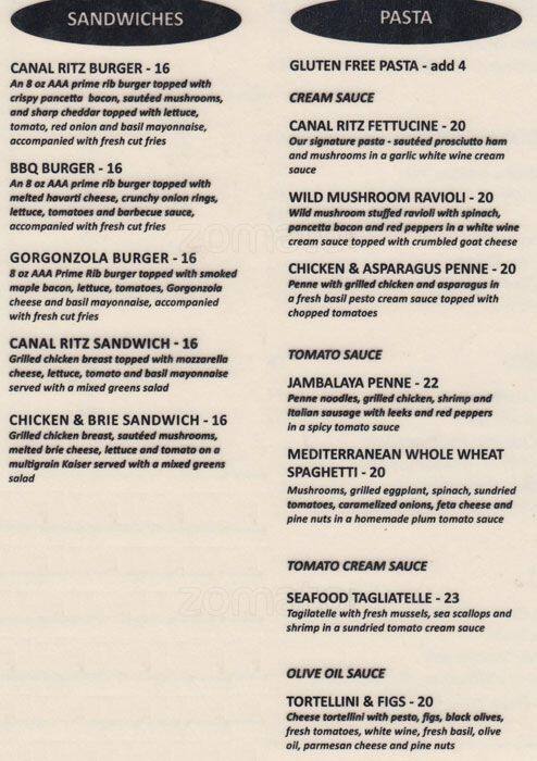 Menu at Canal Ritz restaurant, Ottawa
