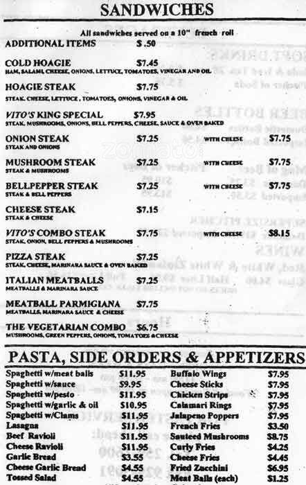 Menu at Vito's Famous Pizza pizzeria, San Jose