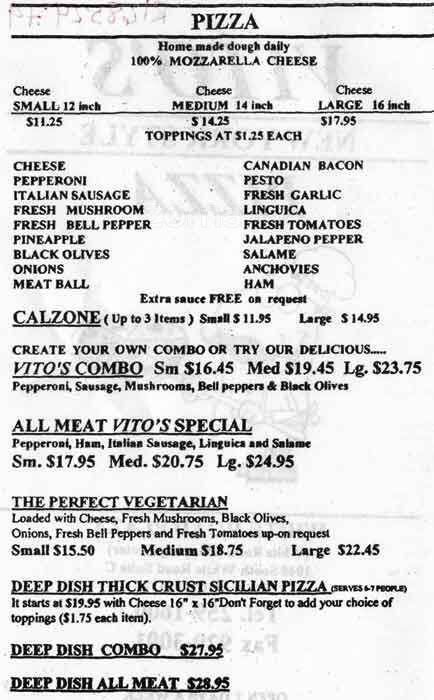 Menu at Vito's Famous Pizza pizzeria, San Jose