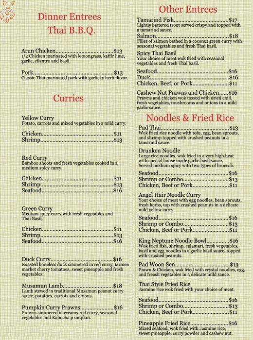 Carta de Arun Thai Restaurant