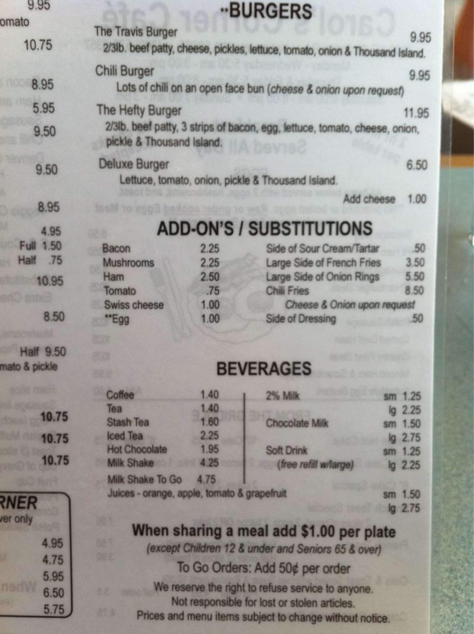 Menu at Carol's Corner Cafe, Vancouver