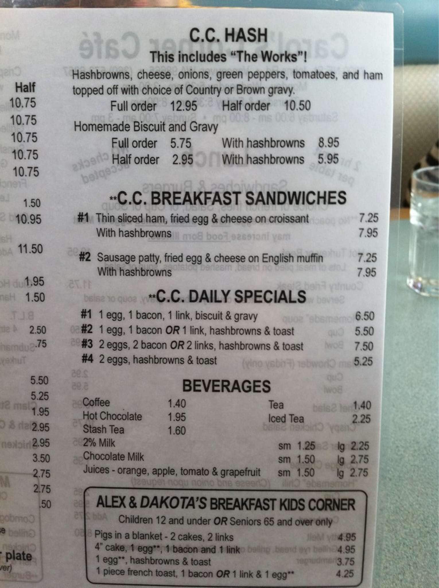 Menu at Carol's Corner Cafe, Vancouver