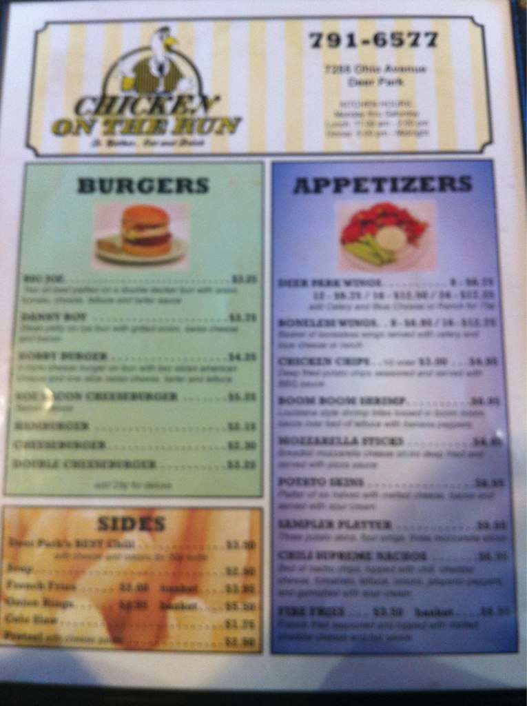 Chicken on the Run Menu, Menu for Chicken on the Run, Deer Park/Madeira