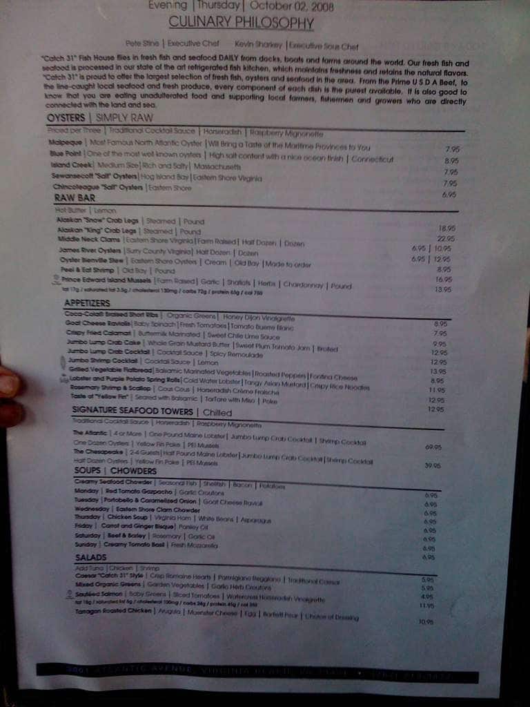 Catch 31 Menu, Menu de Catch 31, Oceanfront, Hampton Roads Urbanspoon
