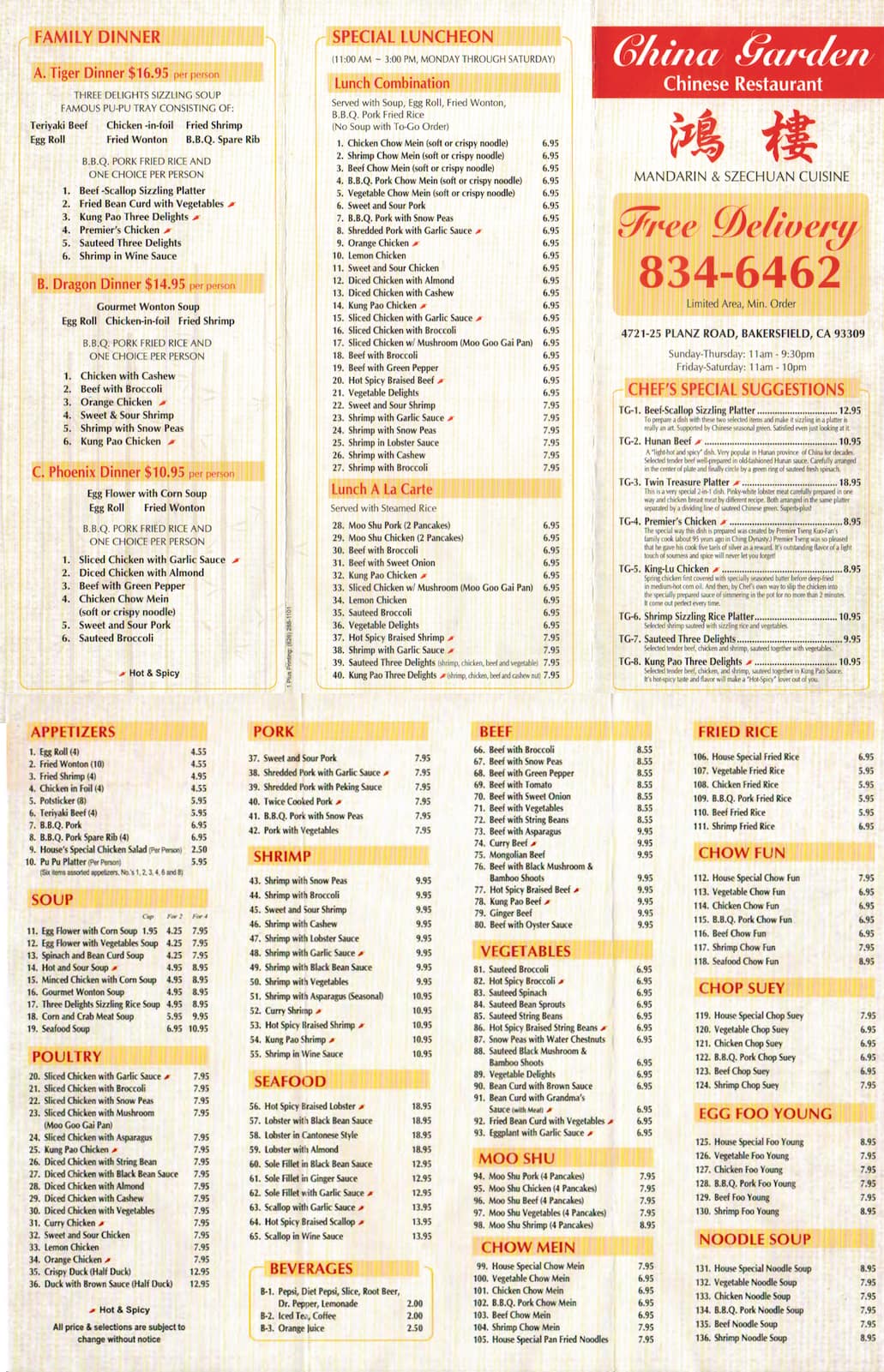 Menu At China Garden Restaurant Bakersfield