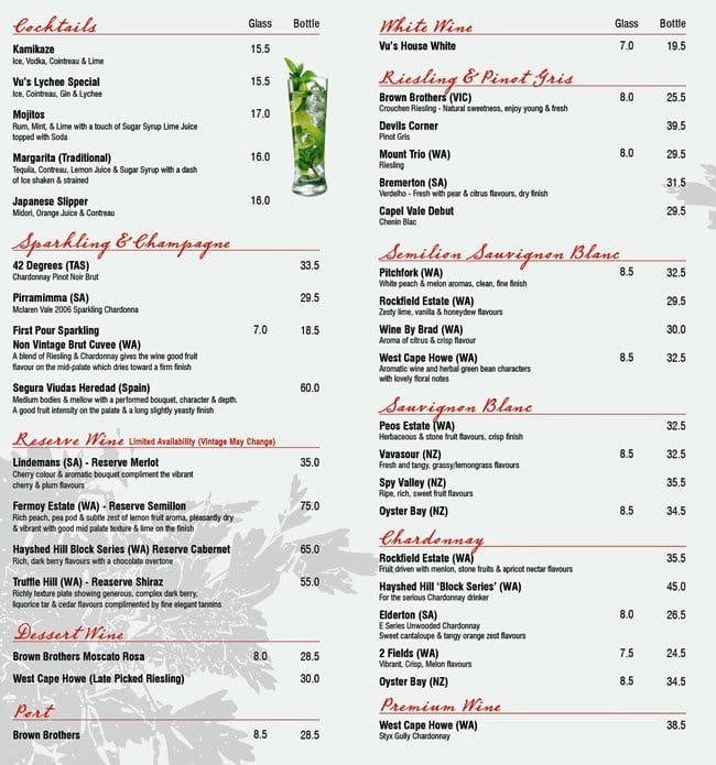 Vu's Vietnamese Cafe Restaurant menu