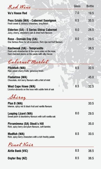 Vu's Vietnamese Cafe Restaurant menu