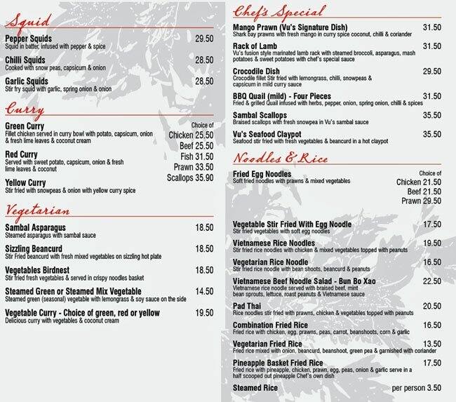 Vu's Vietnamese Cafe Restaurant menu