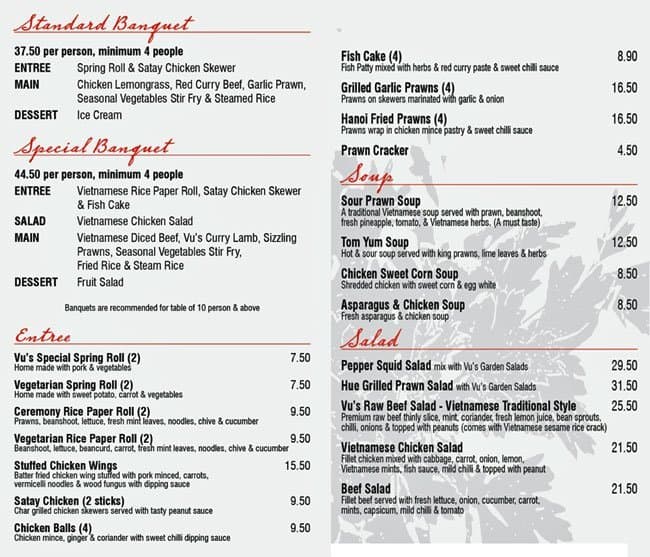 Vu's Vietnamese Cafe Restaurant menu