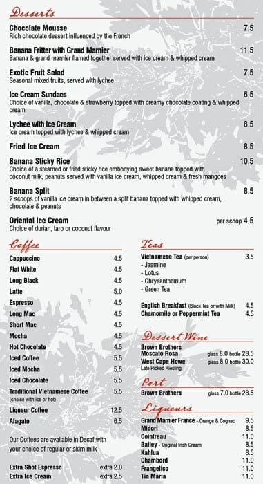 Vu's Vietnamese Cafe Restaurant menu