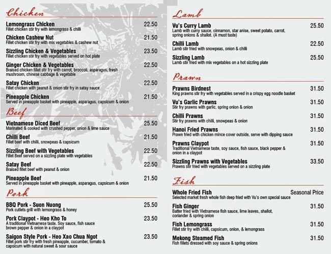 Vu's Vietnamese Cafe Restaurant menu