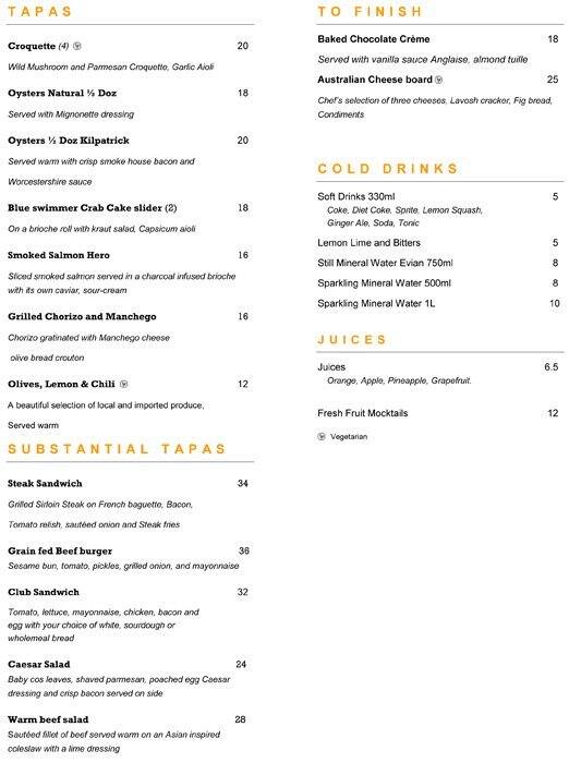 Terrace Bar - Sheraton Melbourne Hotel Menu - Urbanspoon/Zomato