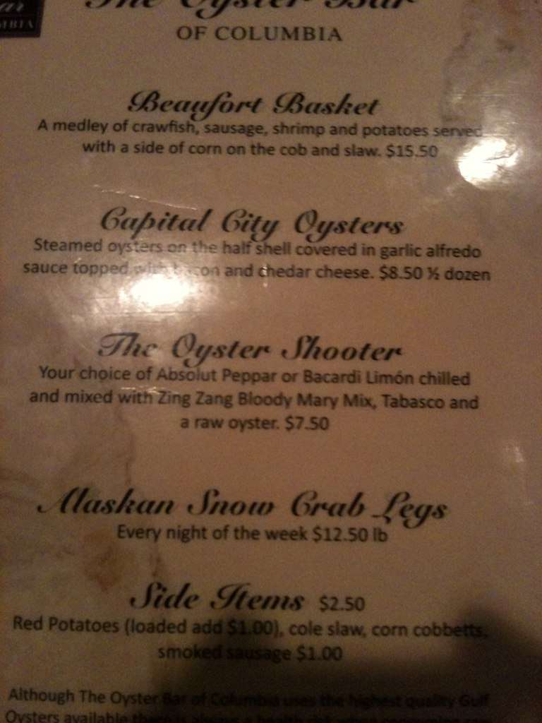 Menu at Oyster Bar Columbia, Columbia