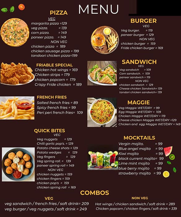 Menu of Friable, Nizampet, Hyderabad