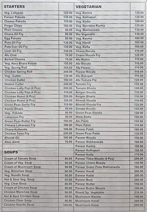 Shanti Bar and Restaurant menu