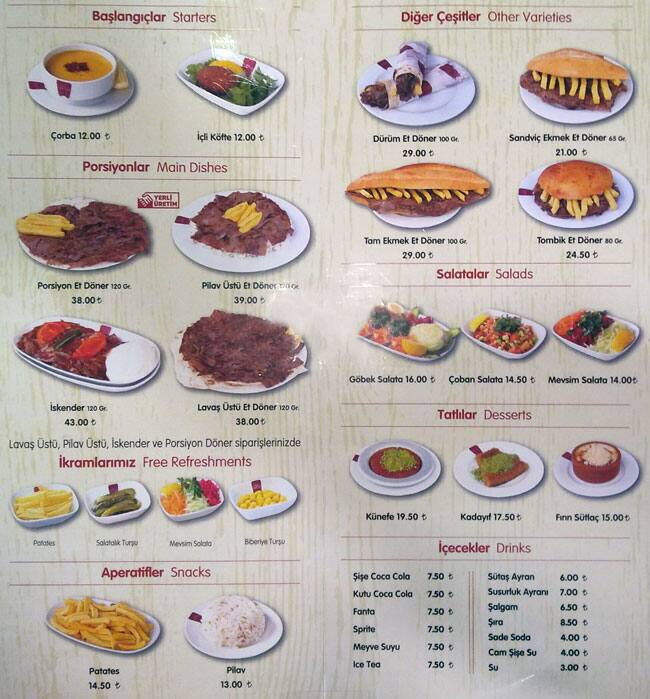 donerci celal usta menu donerci celal usta soganlik istanbul icin menu