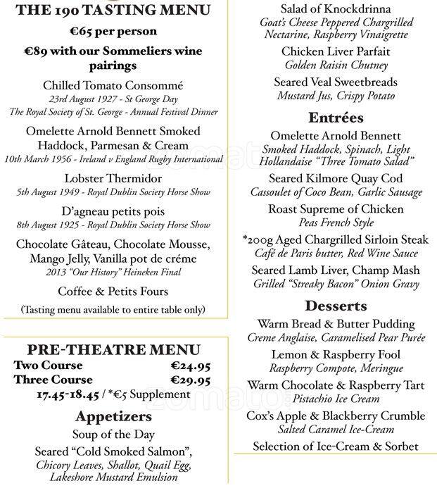 Menu at The Saddle Room restaurant, Dublin