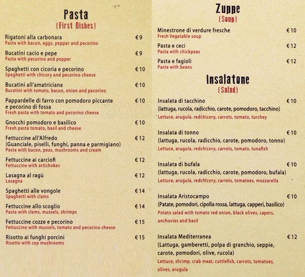 Menu di risto campo roma 