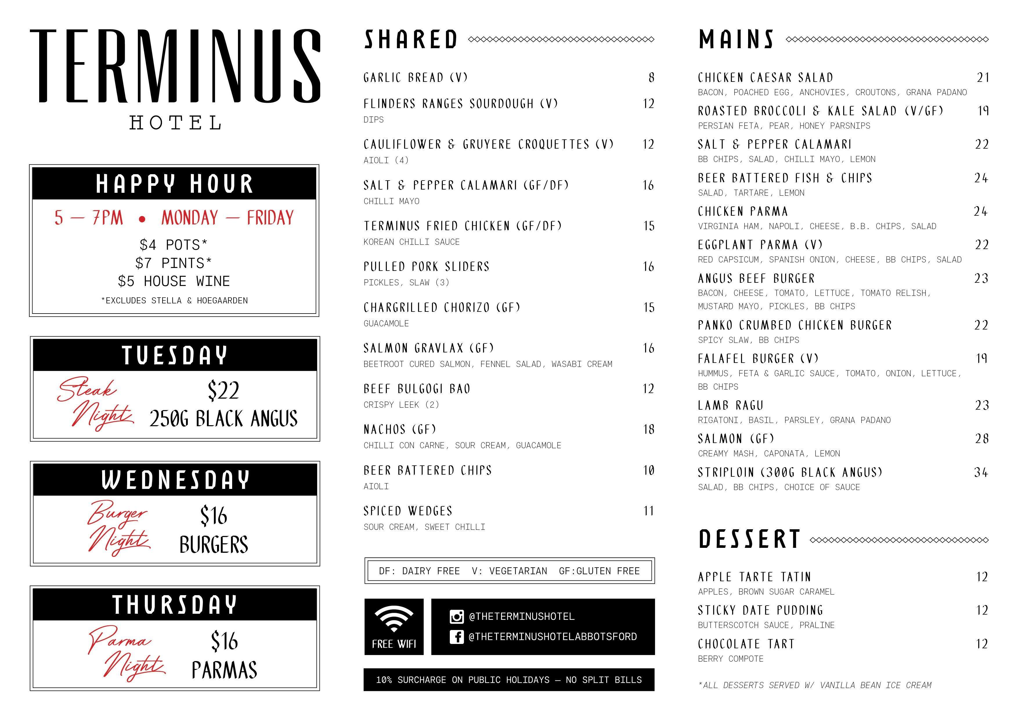 Terminus Hotel menu, Menu restauracji Terminus Hotel, Abbotsford