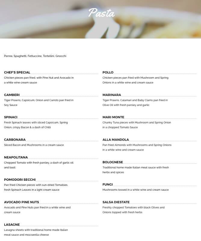 Menu at Zia Cafe, Hawthorn