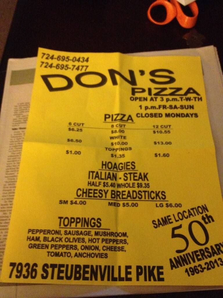 Don's Pizza Menu, Menu for Don's Pizza, Imperial, Pittsburgh Urbanspoon/Zomato