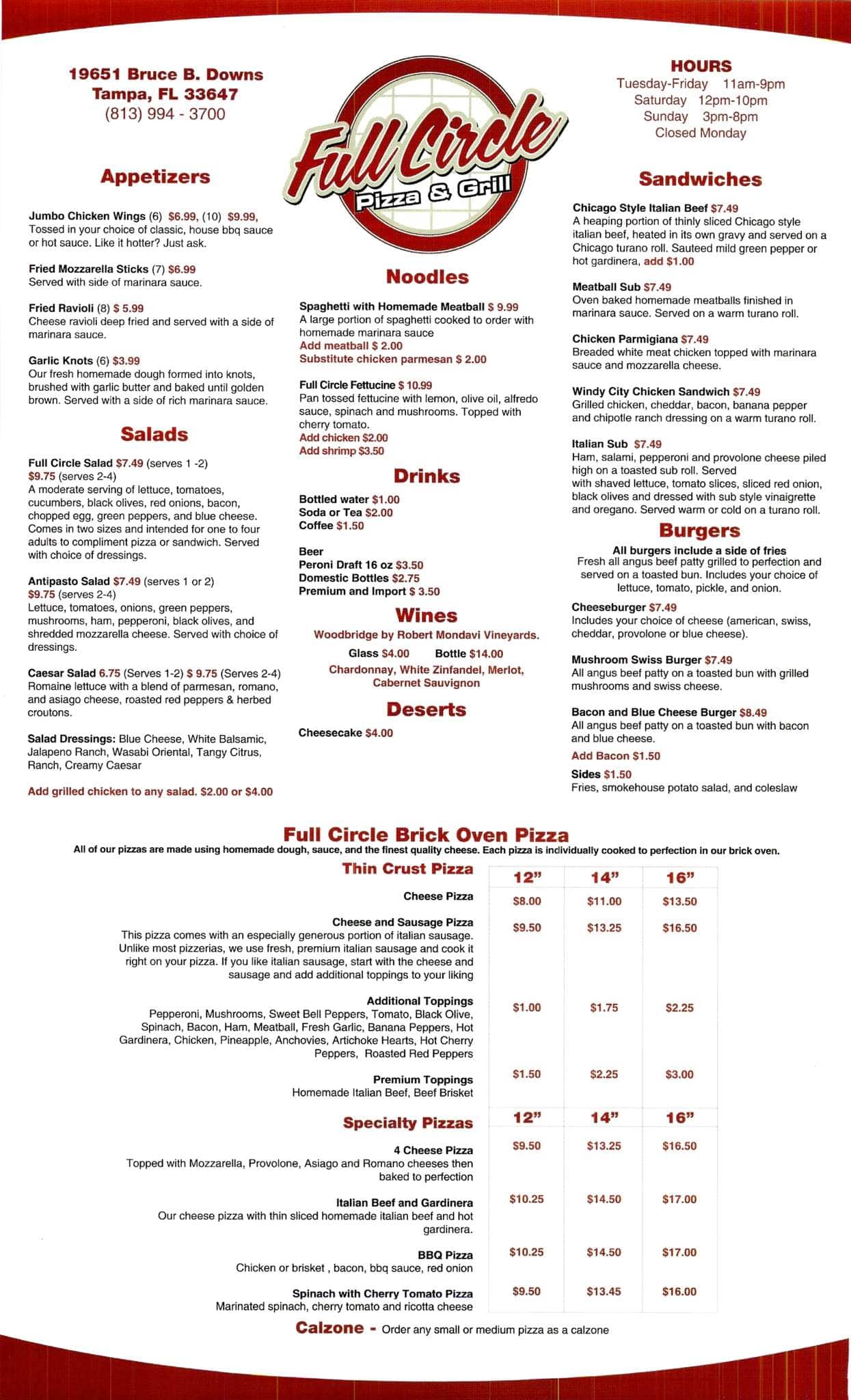 Full Circle Pizza & Grill Menu Urbanspoon/Zomato