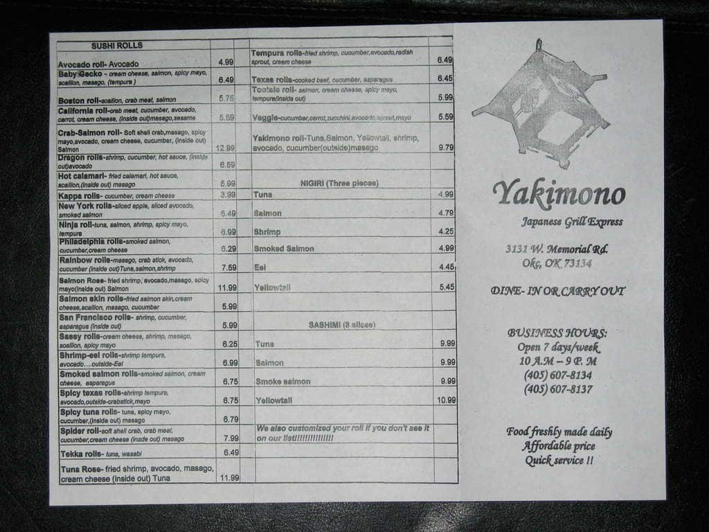 Yakimono menu