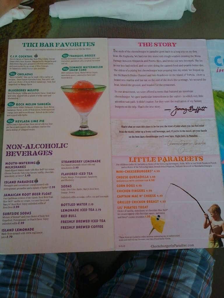 Menu at Cheeseburger in Paradise restaurant, Myrtle Beach