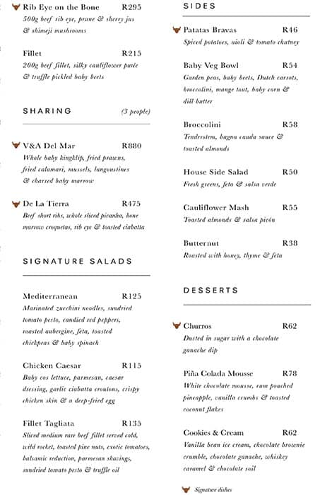 Menu de La Parada V&A Waterfront