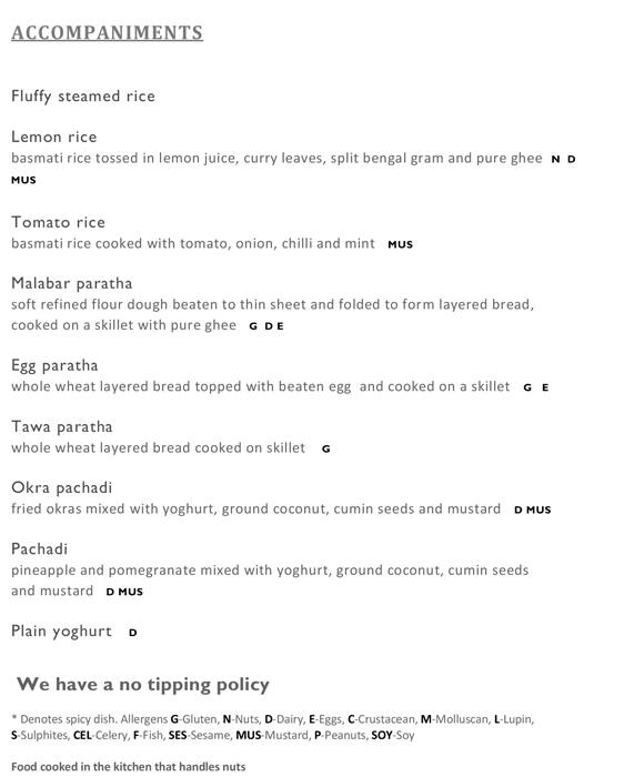 Menu at Quilon restaurant, London