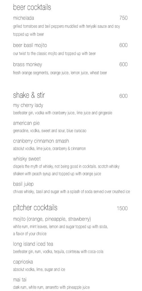 Sunset Grill - The Westin Chennai Velachery menu