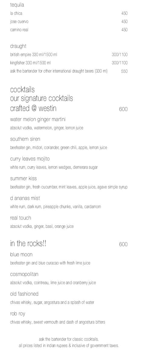 Sunset Grill - The Westin Chennai Velachery menu