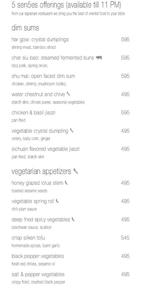 Sunset Grill - The Westin Chennai Velachery menu