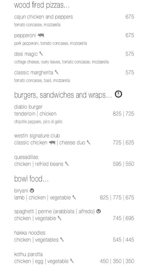 Sunset Grill - The Westin Chennai Velachery menu