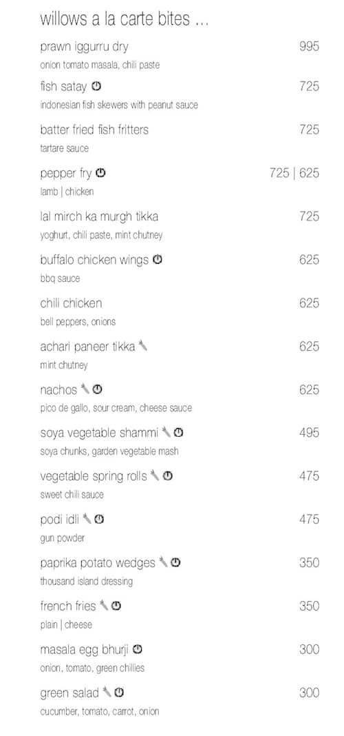 Sunset Grill - The Westin Chennai Velachery menu