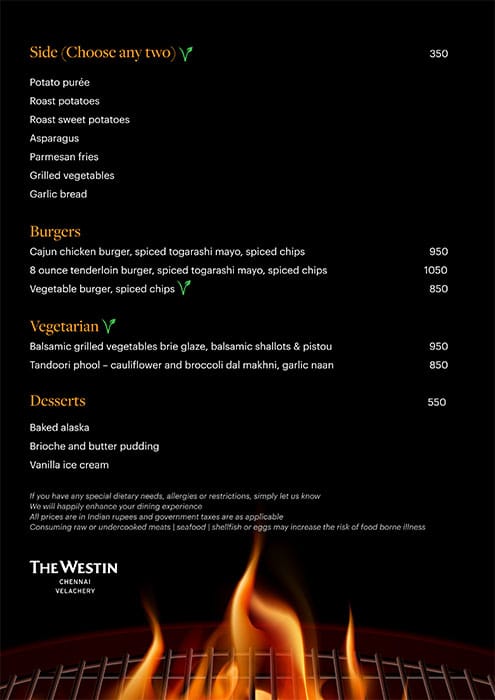 Sunset Grill - The Westin Chennai Velachery menu