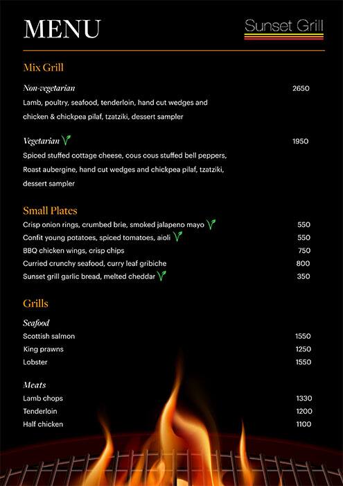 Sunset Grill - The Westin Chennai Velachery menu