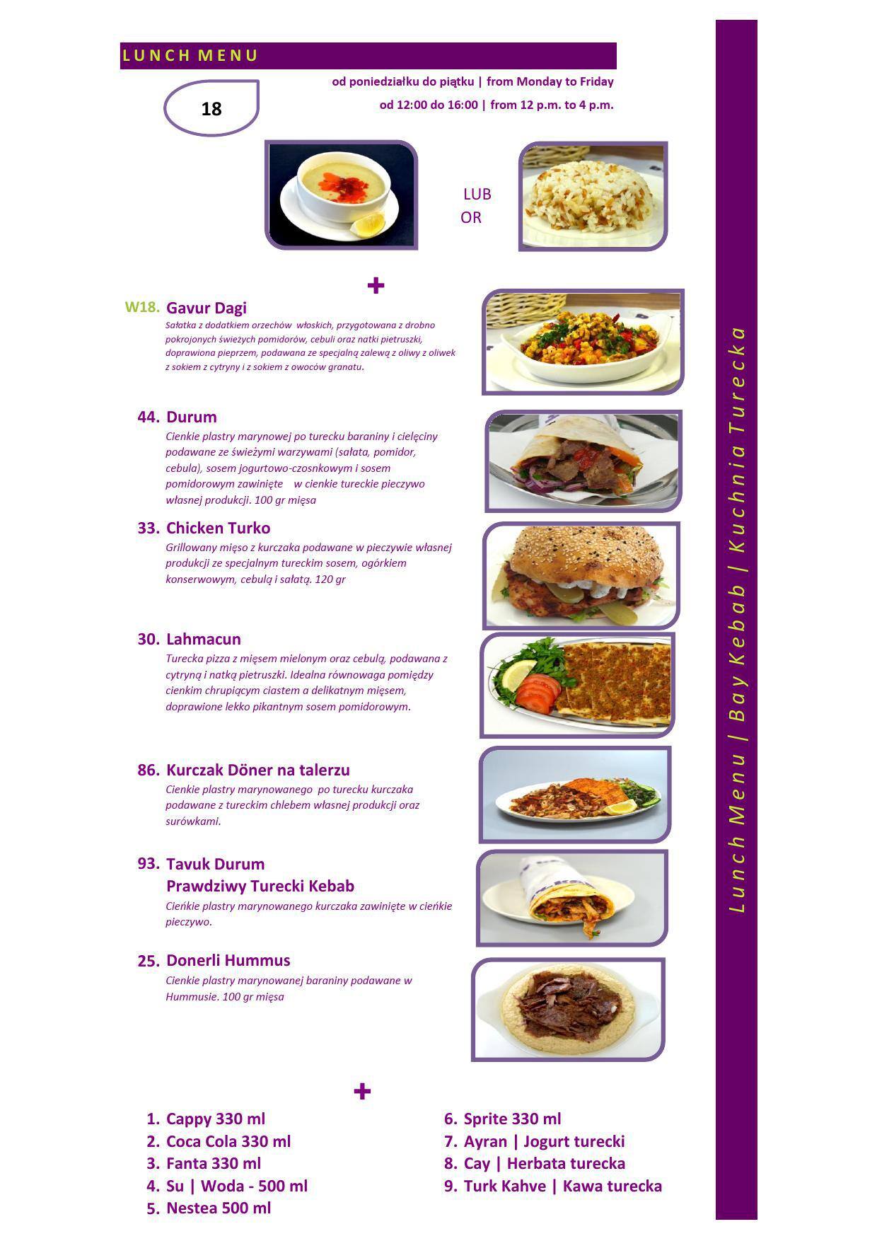 Bay Kebab menu, Menu restauracji Bay Kebab, Wola, Warszawa