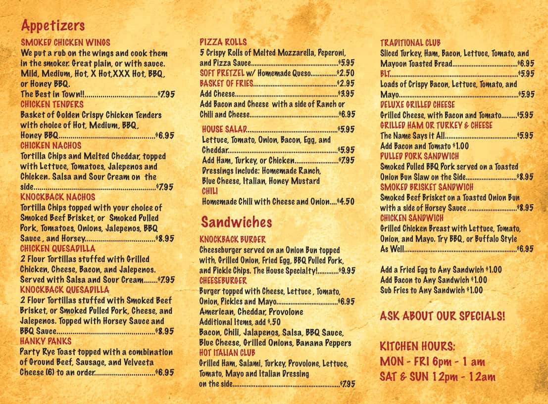 Menu at Knockback Nats pub & bar, Cincinnati