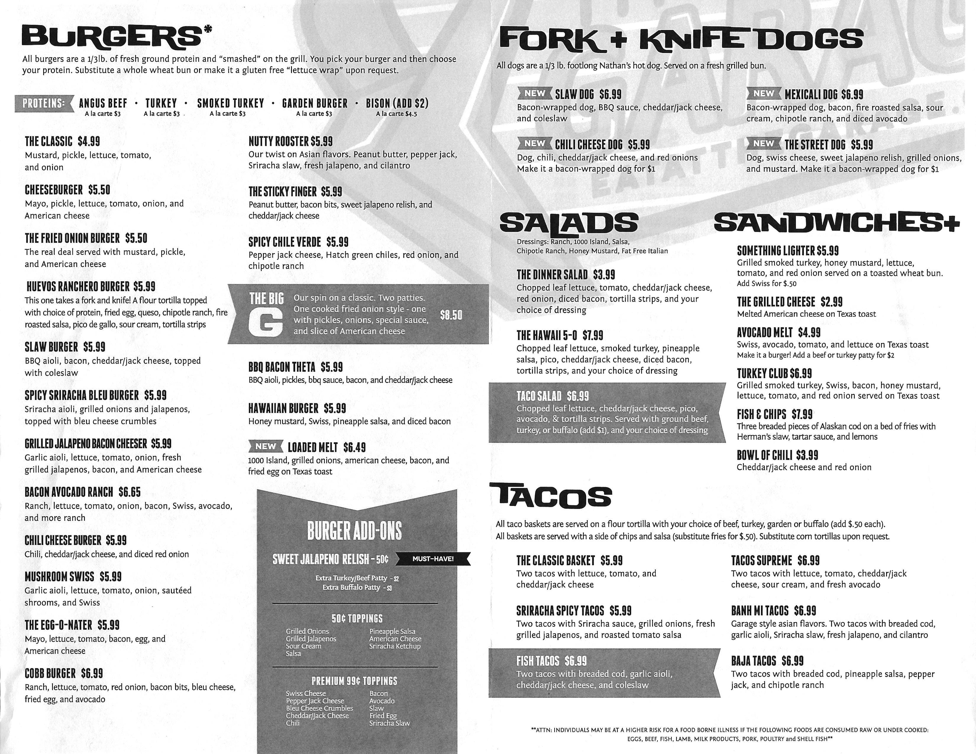 Menu At The Garage Burgers And Beer Pub Bar Oklahoma City N