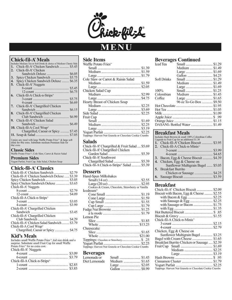 Chick Fil A Menu Menu For Chick Fil A Harlingen Brownsville