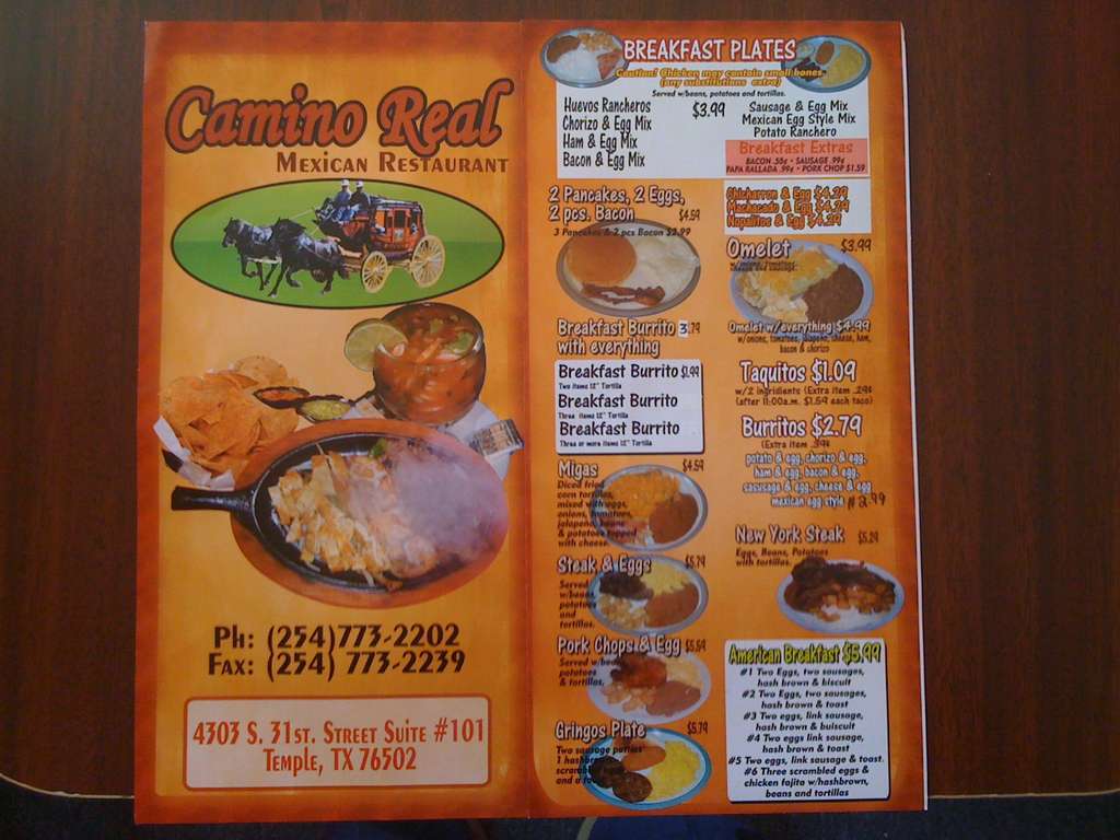 Menu At Camino Real Restaurant Temple   5ca85b5e91c696adc10a0301391a8ec7 