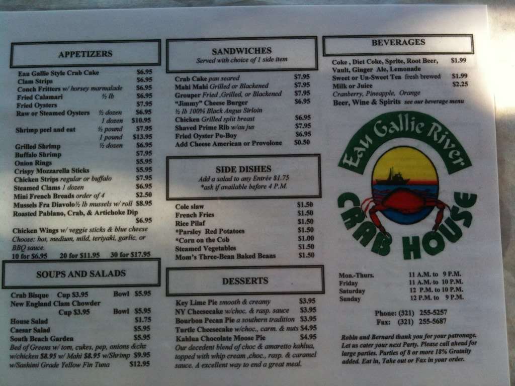 Eau Gallie River Crab House Menu Urbanspoon/Zomato