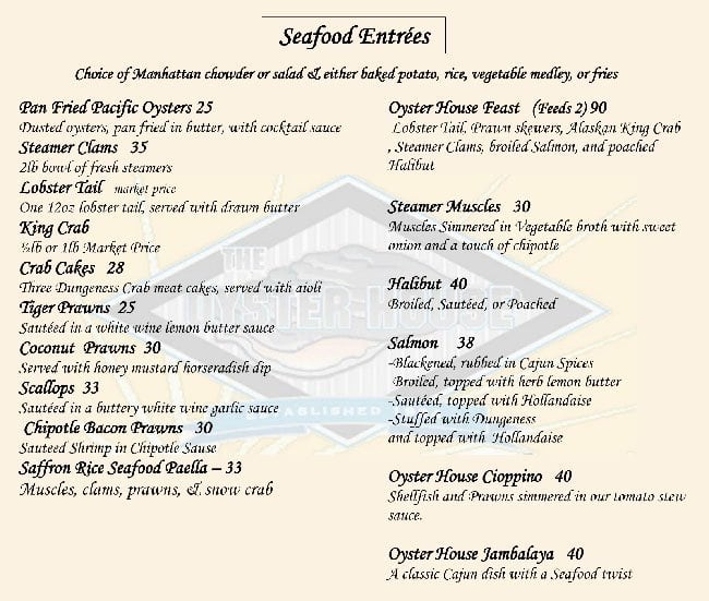 Menu at Olympia Oyster House restaurant, Olympia