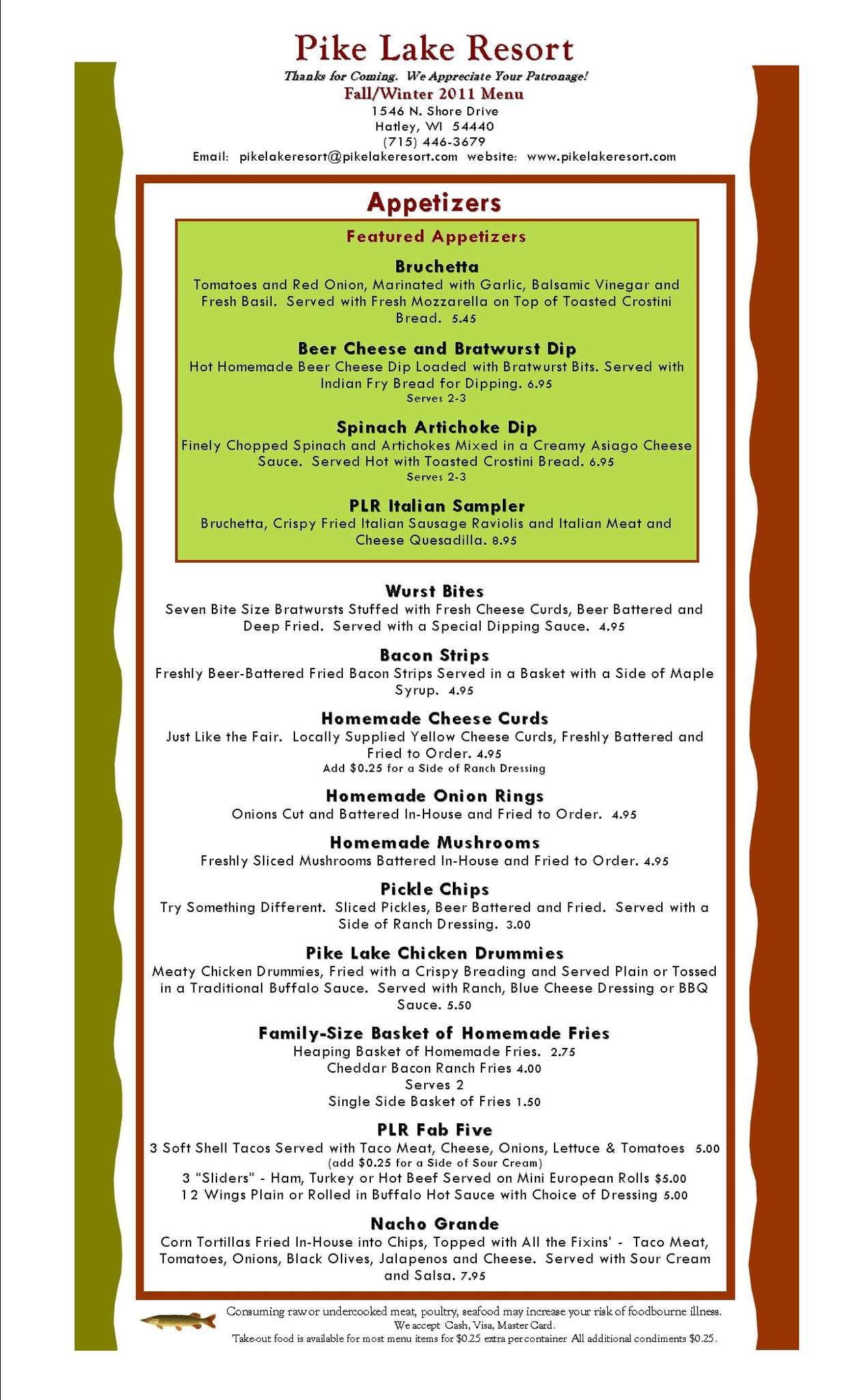 Pike Lake Resort Menu, Menu for Pike Lake Resort, Hatley, Hatley