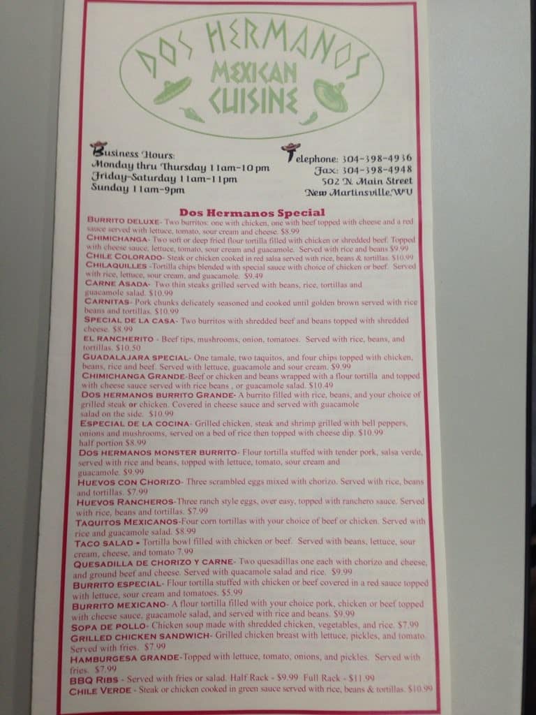 Menu at Dos Hermanos restaurant, New Martinsville