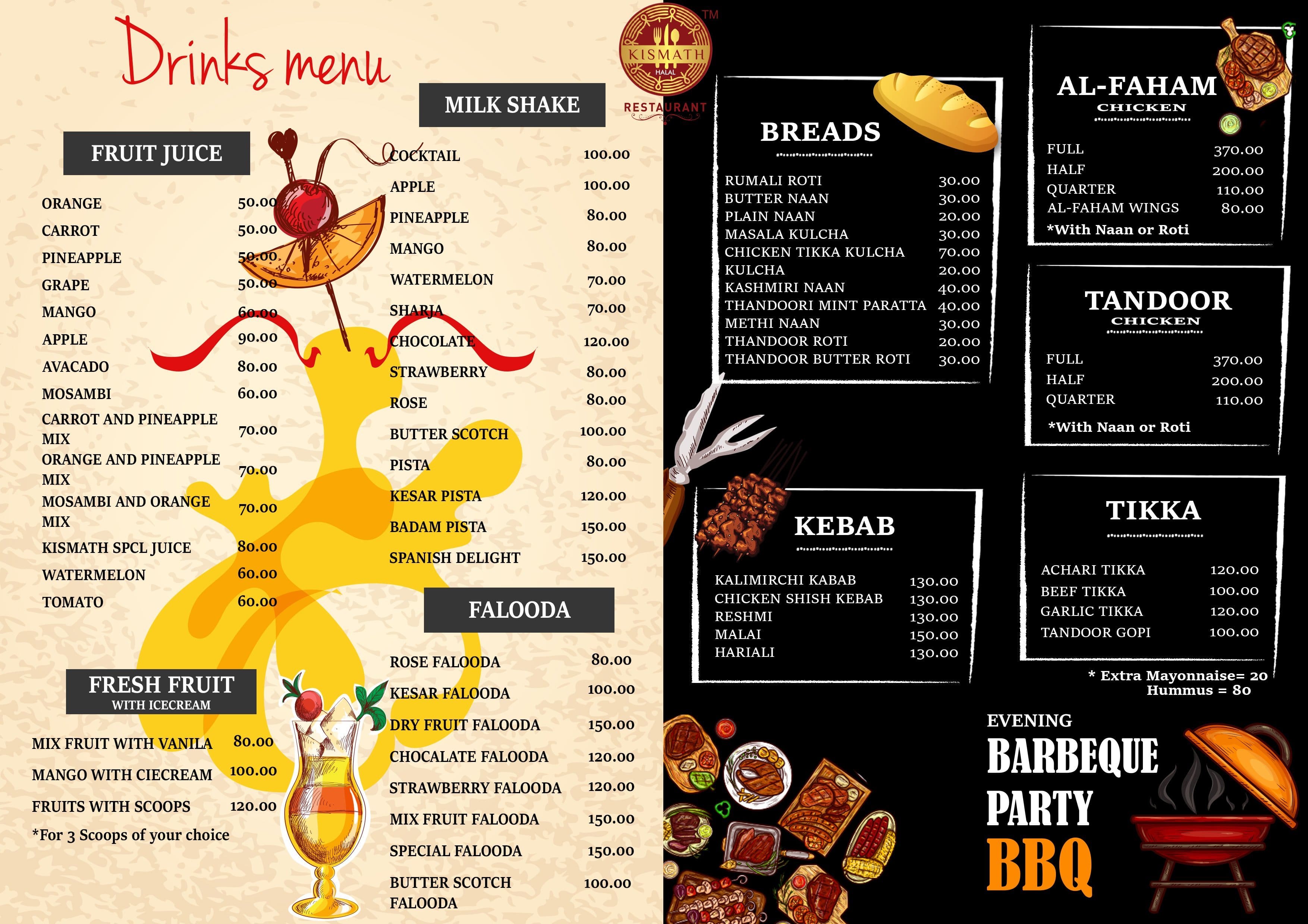 Menu of Kismath Restaurant, Kalamassery, Kochi