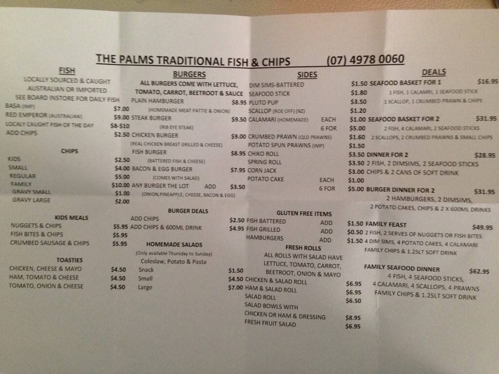 Palms traditional fish and chips Menu Urbanspoon/Zomato